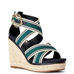C. Wonder Women’s Platform Wedge Ankle Straps Sandals Green and Black With White